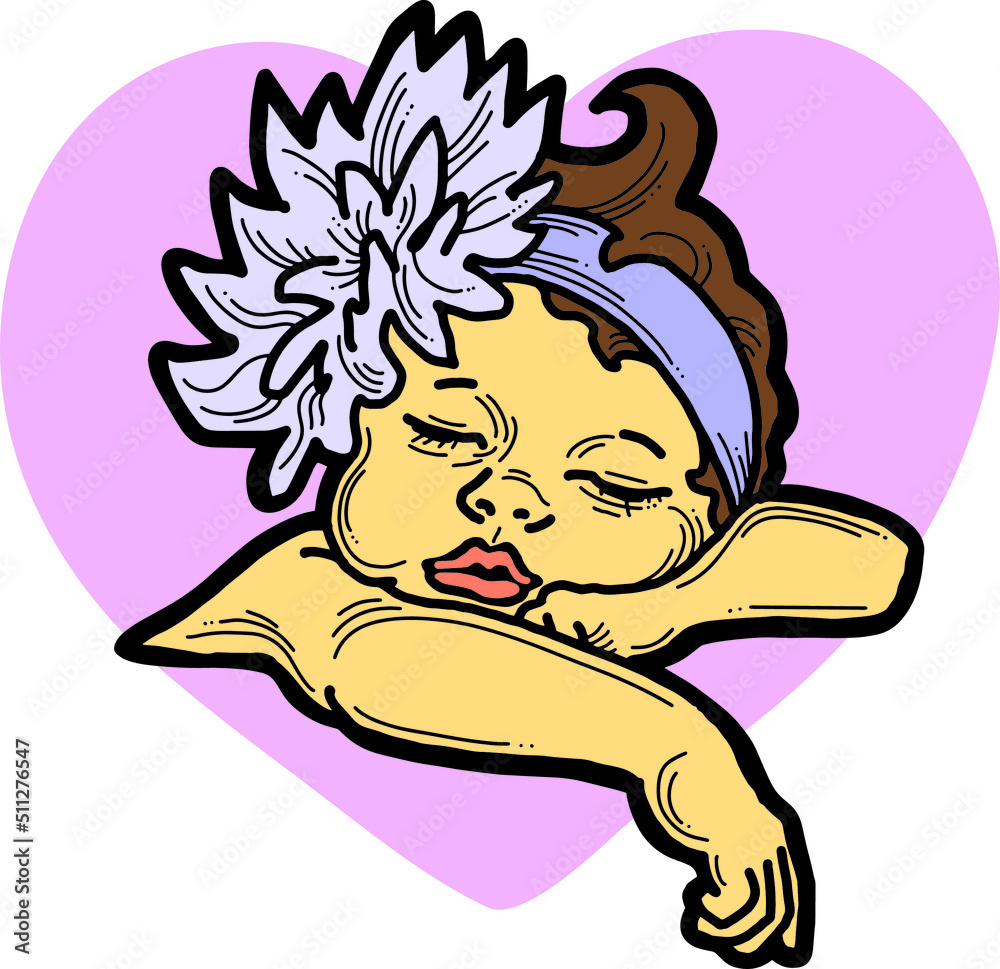 New born sweet baby face emotions. Little girl with big flower on the head sleeping and smiling with flower and heart. Hand drawn character vector illustration. Retro comic cartoon line style drawing. New born sweet baby face emotions. Little girl with big flower on the head sleeping and smiling with flower and heart. Hand drawn character vector illustration. Retro comic cartoon line style drawing.