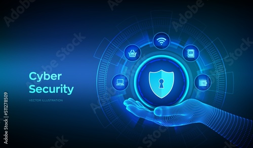 Cyber Security. Data protection business concept on virtual screen. Shield protect icon in robotic hand. Antivirus interface. Wireframe hand touching digital interface. Vector illustration.