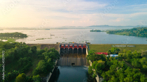 Established Aerial View of Pengge Dam in Indonesia. Multi-Purpose Embankment Dam on The Lombok River in the morning