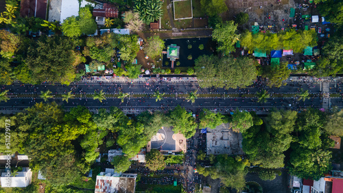 Aerial shot of car free day on sunday in the morning. eliminate pollution without a vehicle