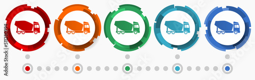 Concrete mixer, vehicle concept vector icon set, modern design abstract web buttons in 5 color options, infographic template for webdesign and mobile apps