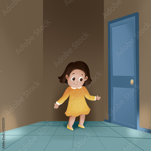 cartoon scene of child in the door at home