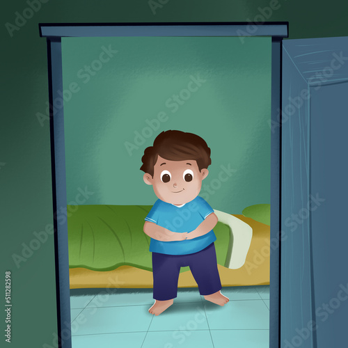 cartoon scene of child in the door at home