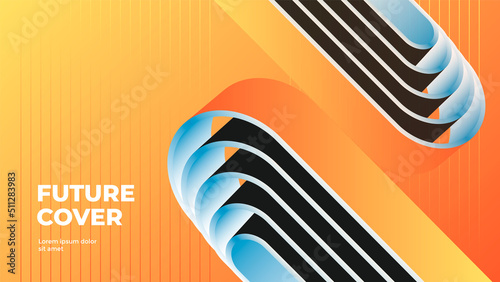 Modern bauhaus background with 3d shapes. Abstract orange geometric arch. Vector illustration
