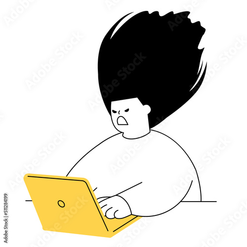 Vector illustration of a woman whose anger is exploding while operating a laptop.