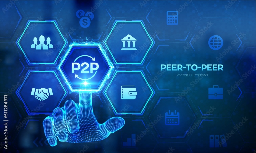Peer to peer. P2P payment and online model for support or transfer money. Peer-To-Peer technology concept on virtual screen. Wireframe hand touching digital interface. Vector illustration. Peer to peer. P2P payment and online model for support or transfer money. Peer-To-Peer technology concept on virtual screen. Wireframe hand touching digital interface. Vector illustration.