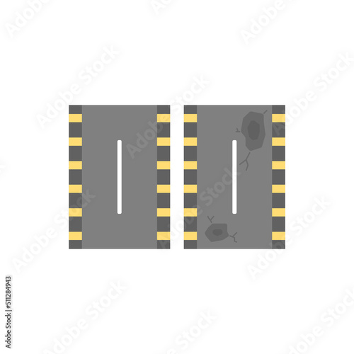 icon or symbol. paved roads are still nice and smooth. broken, potholed, destroyed, bad paved roads. object condition. before after. cartoon flat illustration. concept design. element