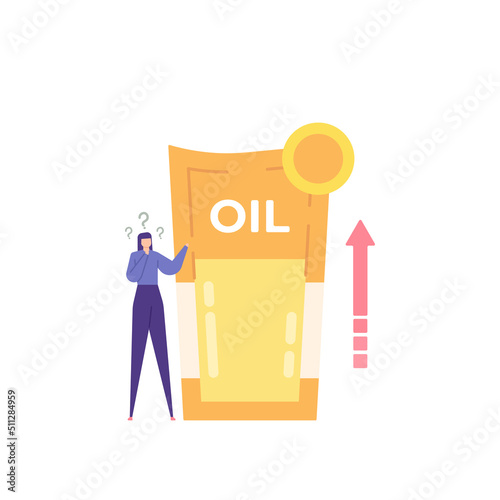 cooking oil prices rose. a woman or mothers are confused because the price of cooking oil is expensive. economy problem. flat cartoon illustration. concept design. element