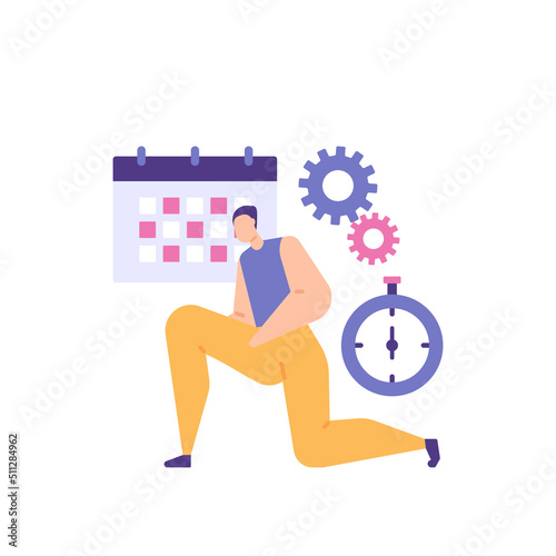 leg day workout. A man trains leg muscle strength. schedule, time, exercise, gym. flat cartoon illustration. concept design. element