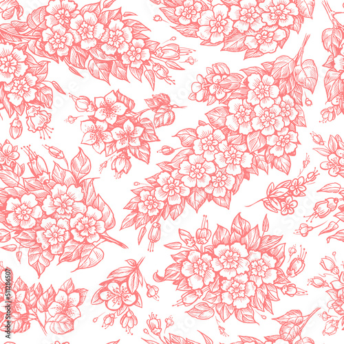Floral pattern drawn in vintage engraving style. Twigs with flowers and leaves background. Vector illustration