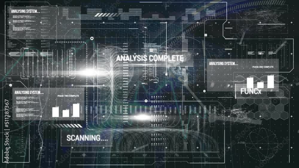 Digital interface with data processing against world map on black background Digital interface with data processing against world map on black background