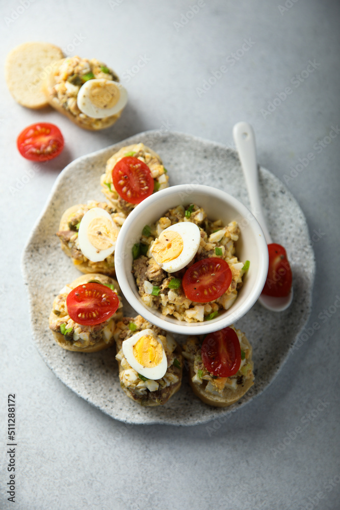 Tuna rillettes with egg and olives	
