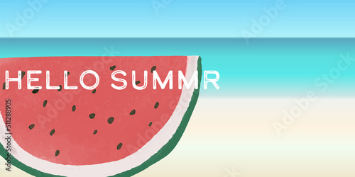 Hello summer banner. A big watermelon on the beach. lettering, template, greeting card, website, web banner, header, card, sign, flyer