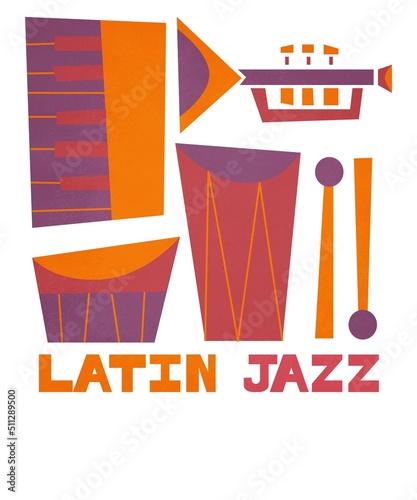 I love the jazz art and design from the 50s and 60s and its typography. This retro design is my homage to the great era of music. Get this Latin Jazz design featuring piano, bongos, congas, trumpet.