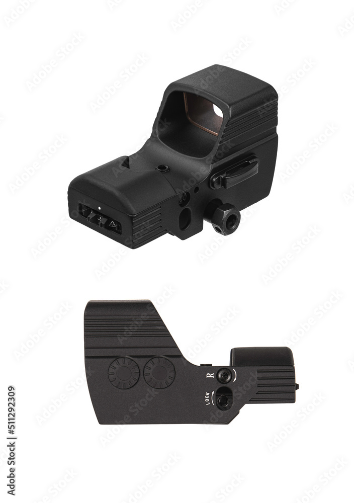 Modern optical collimator sight. Aiming device for shooting at short distances. Isolate on a white back. Modern optical collimator sight. Aiming device for shooting at short distances. Isolate on a white back.