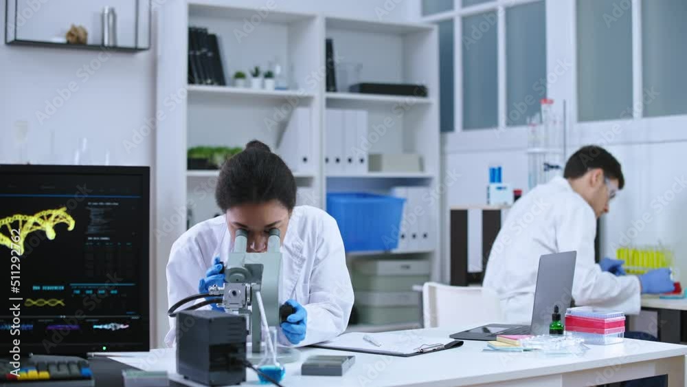 Genetic lab scientists working on research, examining sample under microscope Genetic lab scientists working on research, examining sample under microscope