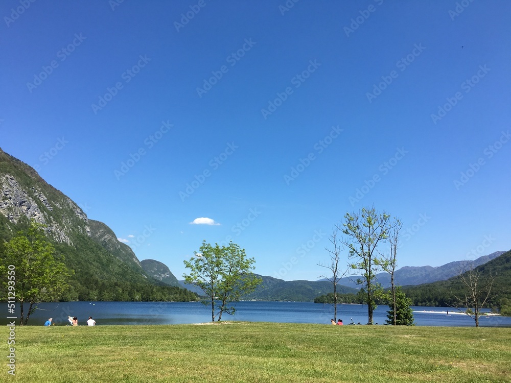 Mountain landscape with a beach on Lake Bohinj and the slopes of the Triglav Park mountains in Slovenia on a sunny May day.