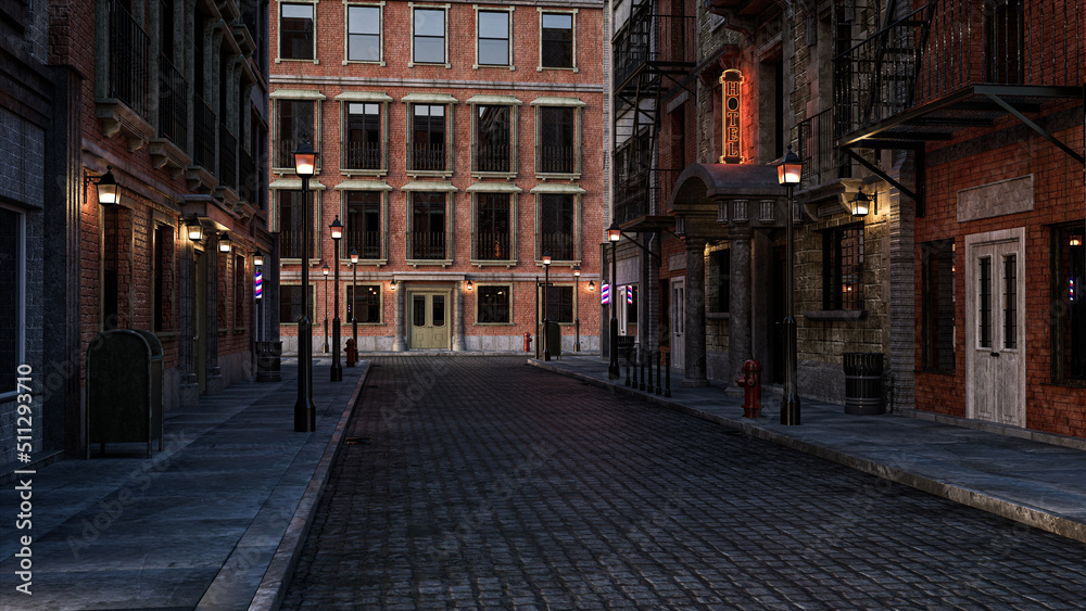 Dark moody film noir style retro city street. 3D rendering.