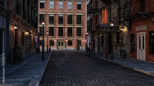 Dark moody film noir style retro city street. 3D rendering.