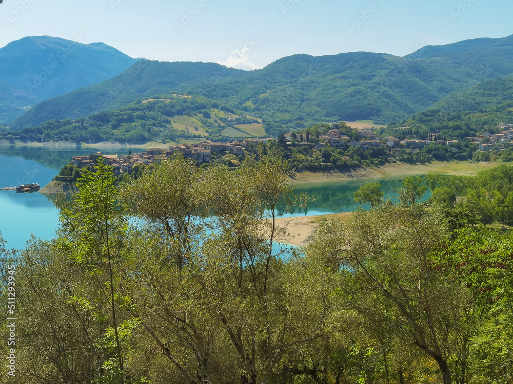 Panoramic view of Colle di Tora over the lake Turano in Lazio