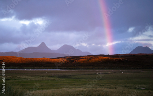 Rainbow over the Scottish Highlands, North Coast 500 Banner image. Mountains and Scottish weather