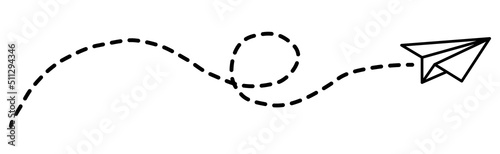 Paper airplane with dotted line. Arrive icon. Vector illustration.