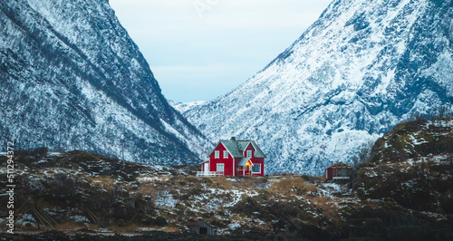 Quadro su tela Small isolated Red house in Norway