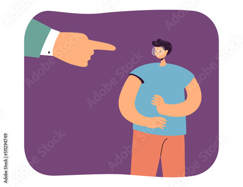 Finger pointing at scared worker. Angry employer firing or reproaching employee flat vector illustration. Career, unemployment, conflict concept for banner, website design or landing web page