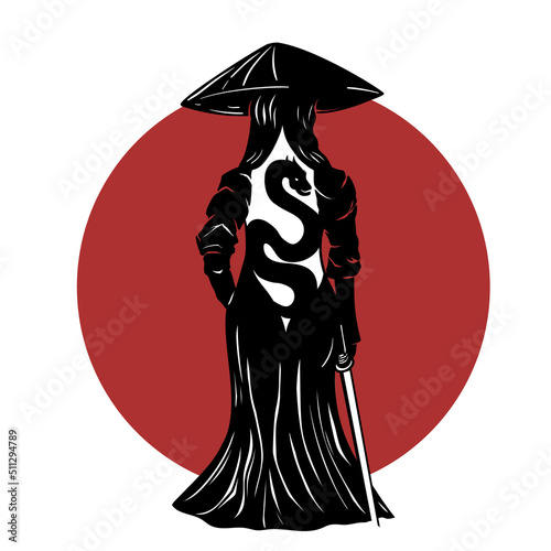 Samurai girl in Japanese armor with a katana on her shoulder, standing in profile against the red sun. 2D illustration.