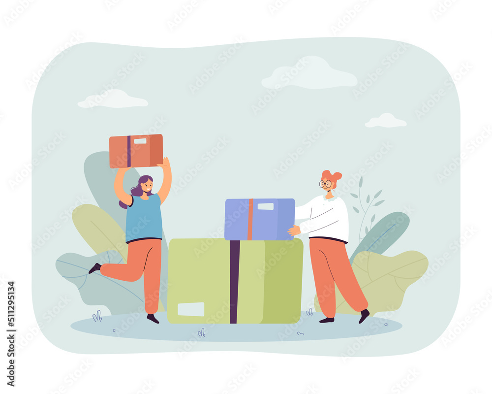 Tiny female character with big cardboard boxes. Women moving to new house or getting parcels flat vector illustration. Delivery or moving service concept for banner, website design or landing web page Tiny female character with big cardboard boxes. Women moving to new house or getting parcels flat vector illustration. Delivery or moving service concept for banner, website design or landing web page