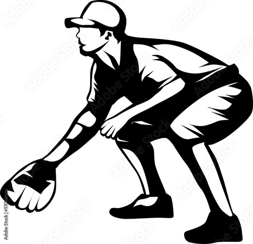 a vector silhouette illustration with a baseball athlete catching a ball.