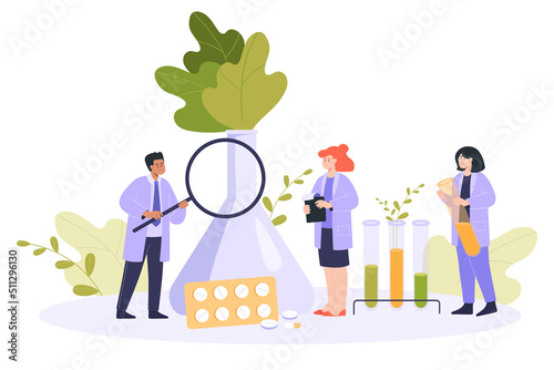 Tiny cartoon scientists making medicine in laboratory. Doctor characters doing research, herb or plant in glass bottle, herbal mortar flat vector illustration. Medicine, Ayurveda concept for banner