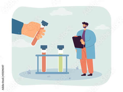 Scientist or doctor conducting medical or scientific research. Huge hand holding test tube with liquid flat vector illustration. Science, chemistry, medicine, pharmacy concept for banner