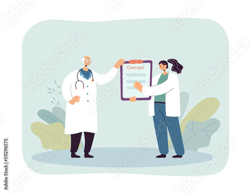 Female doctor and hospital director making contract together. Elderly man hiring medical professional flat vector illustration. Employment, health, medicine concept for banner or landing web page