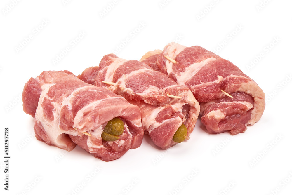 Fresh meat rolls, wrapped meat, isolated on white background.