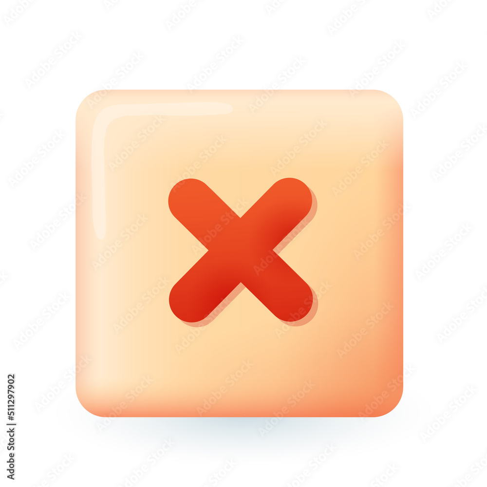 Obraz premium 3d cartoon style cross in red box icon on white background. Rejected or wrong sign flat vector illustration. Choice, form, decision, refusal, fail, mess, response concept