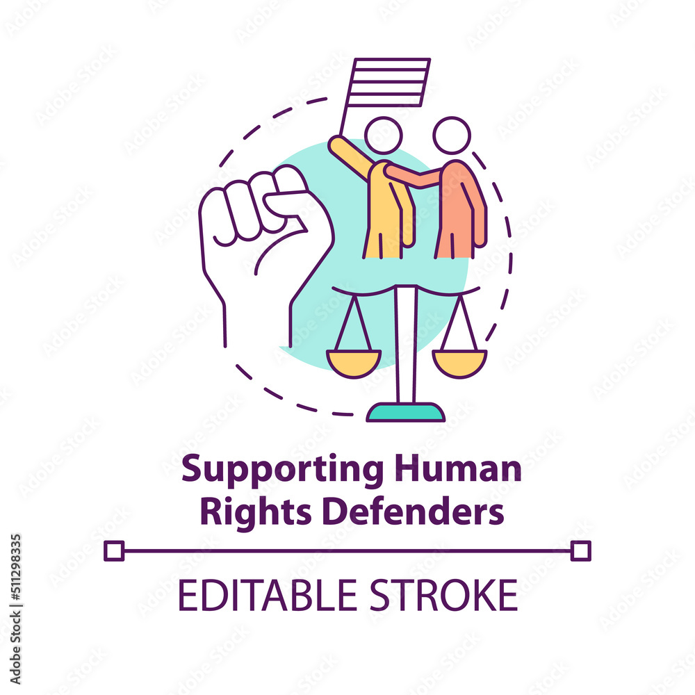 Supporting human rights defenders concept icon. Active fighters. State support abstract idea thin line illustration. Isolated outline drawing. Editable stroke. Arial, Myriad Pro-Bold fonts used