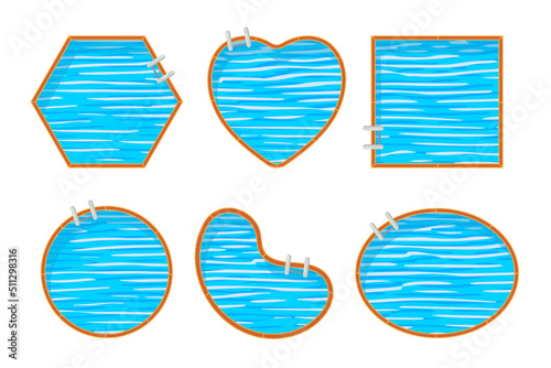 Swimming pools of different shapes vector illustrations set. Top view of swimming pools with water and staircase for plan isolated on white background. Vacation, summer, recreation, sports concept