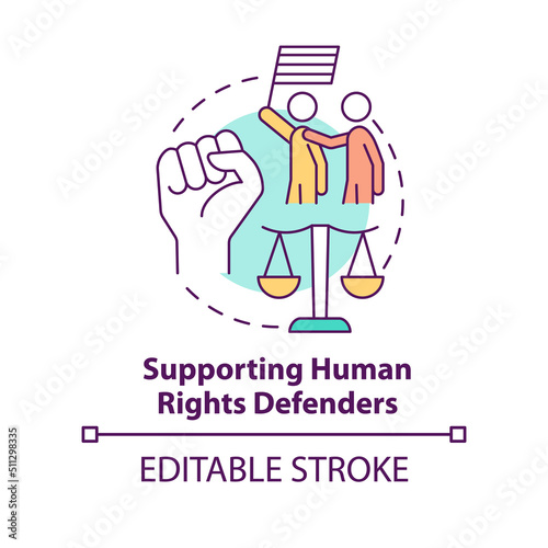 Supporting human rights defenders concept icon. Active fighters. State support abstract idea thin line illustration. Isolated outline drawing. Editable stroke. Arial, Myriad Pro-Bold fonts used