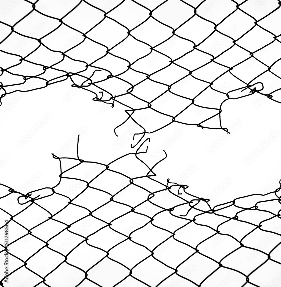 Torn metal wire mesh. Illustration of chain link fence with hole isolated  on white background. Prison barrier, secured property. damage net fence  isolated on white sky background. Mesh netting. Illustration Stock