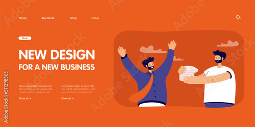 Investor giving stack of coins to happy businessman. Sponsor funding startup project flat vector illustration. Finances, support, investment concept for banner, website design or landing web page