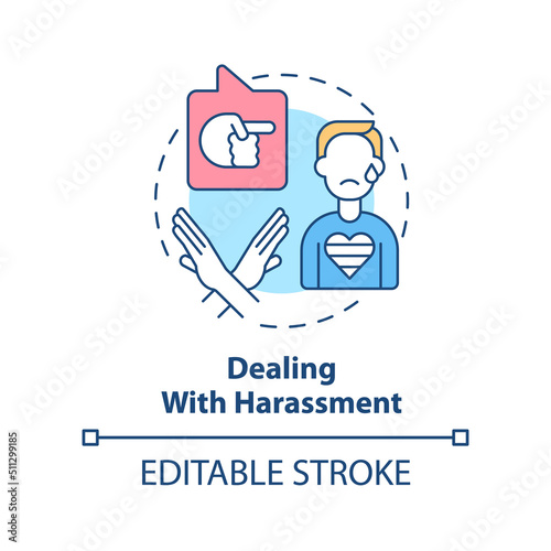Dealing with harassment concept icon. Abusive behavior. Dealing with lgbt issue abstract idea thin line illustration. Isolated outline drawing. Editable stroke. Arial, Myriad Pro-Bold fonts used
