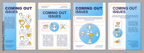 Coming out issues blue brochure template. Sexual orientation. Leaflet design with linear icons. Editable 4 vector layouts for presentation, annual reports. Arial-Black, Myriad Pro-Regular fonts used