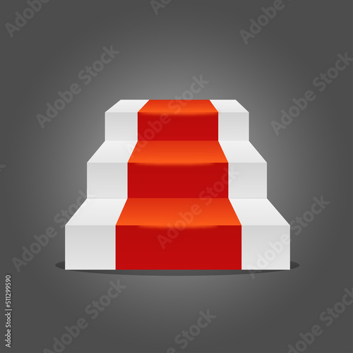 Pedestal with stairs and red carpet on a dark background for celebrities and winners