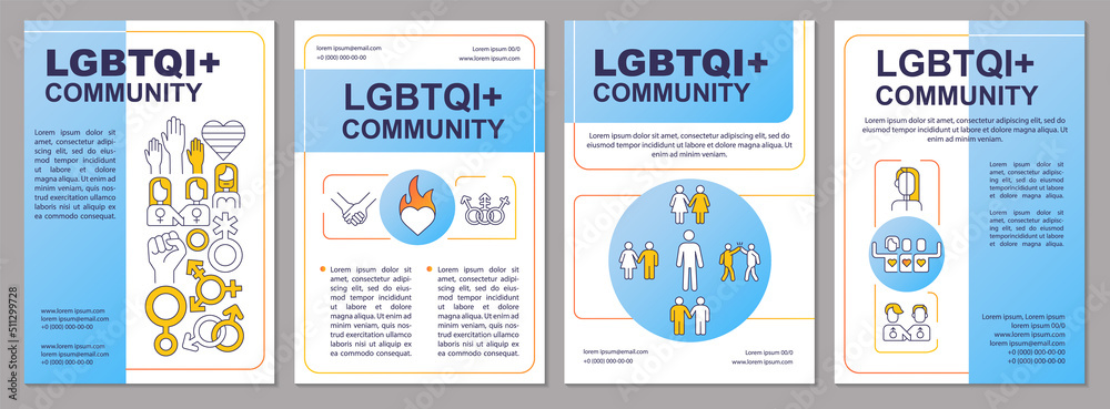 LGBTQI community blue brochure template. Social group. Leaflet design with linear icons. Editable 4 vector layouts for presentation, annual reports. Arial-Black, Myriad Pro-Regular fonts used