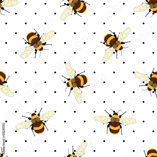 Seamless pattern with bees on white polka dots background. Small wasp. Vector illustration. Adorable cartoon character. Template design for invitation, cards, textile, fabric. Doodle style