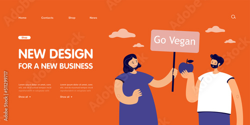 Activist showing go vegan placard to man eating apple. Vegan woman promoting veganism flat vector illustration. Healthy lifestyle, diet, food concept for banner, website design or landing web page