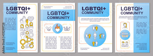 LGBTQI community blue brochure template. Social group. Leaflet design with linear icons. Editable 4 vector layouts for presentation, annual reports. Arial-Black, Myriad Pro-Regular fonts used