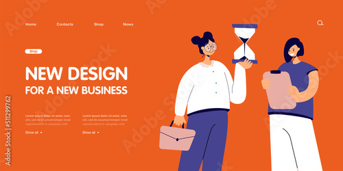 Female office worker holding hourglass. Employee and manager with clipboard flat vector illustration. Time management, organization, deadline concept for banner, website design or landing web page
