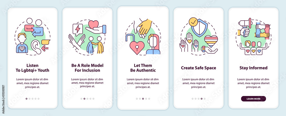 Supporting LGBT youth onboarding mobile app screen. Walkthrough 5 steps editable graphic instructions with linear concepts. UI, UX, GUI template. Myriad Pro-Bold, Regular fonts used